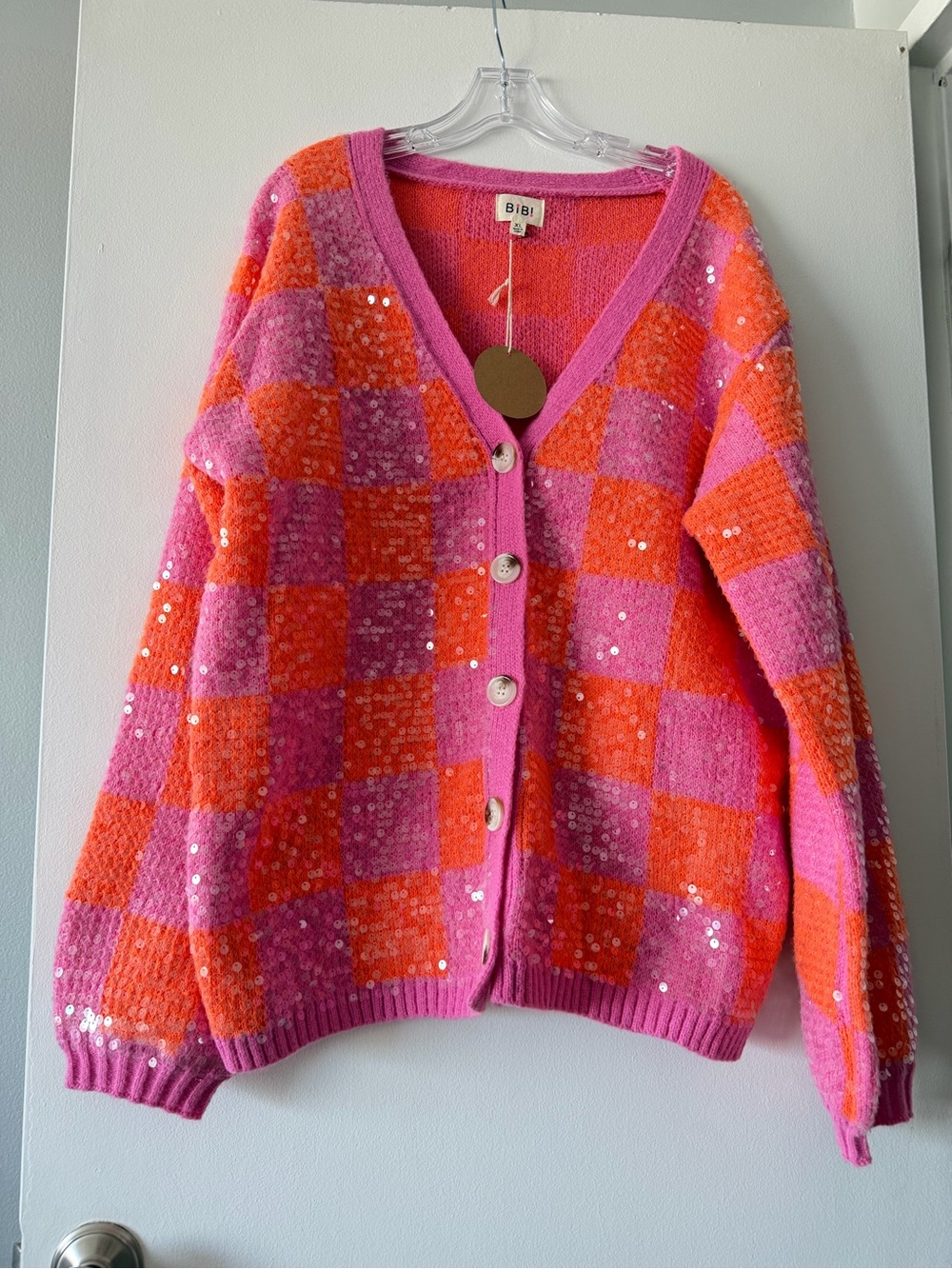BiBi Pink Orange Checkered Sequin Oversized Cardigan Sweater Knit XL NWT Sparkle - Picture 10 of 10